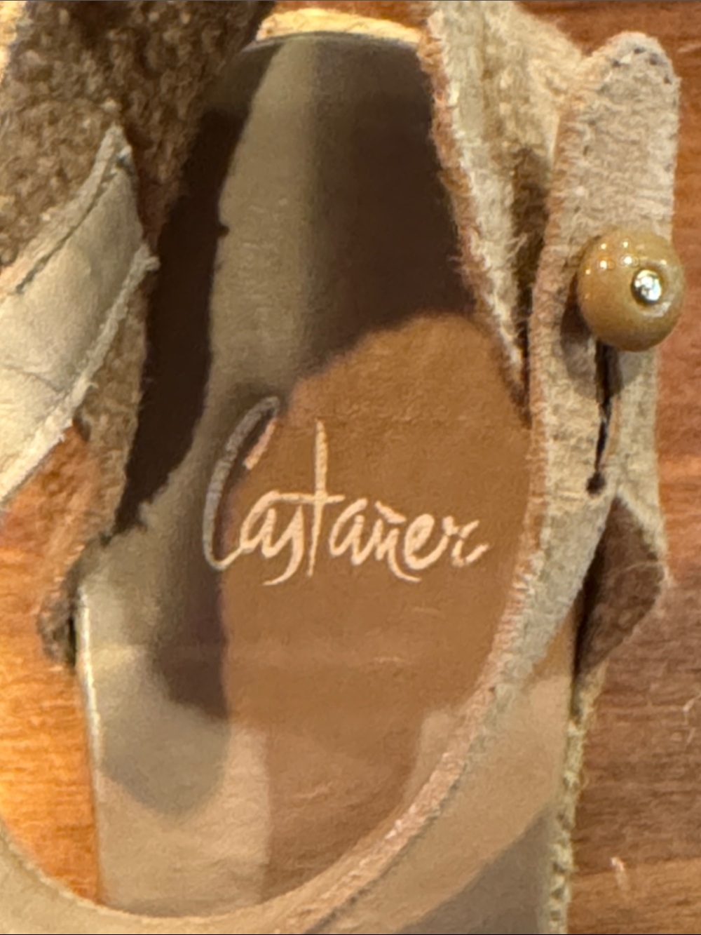 Castaner Bruna Espadrille Wedge Shoe 38 Taupe Sand Leather Open Casual Button - Picture 11 of 16